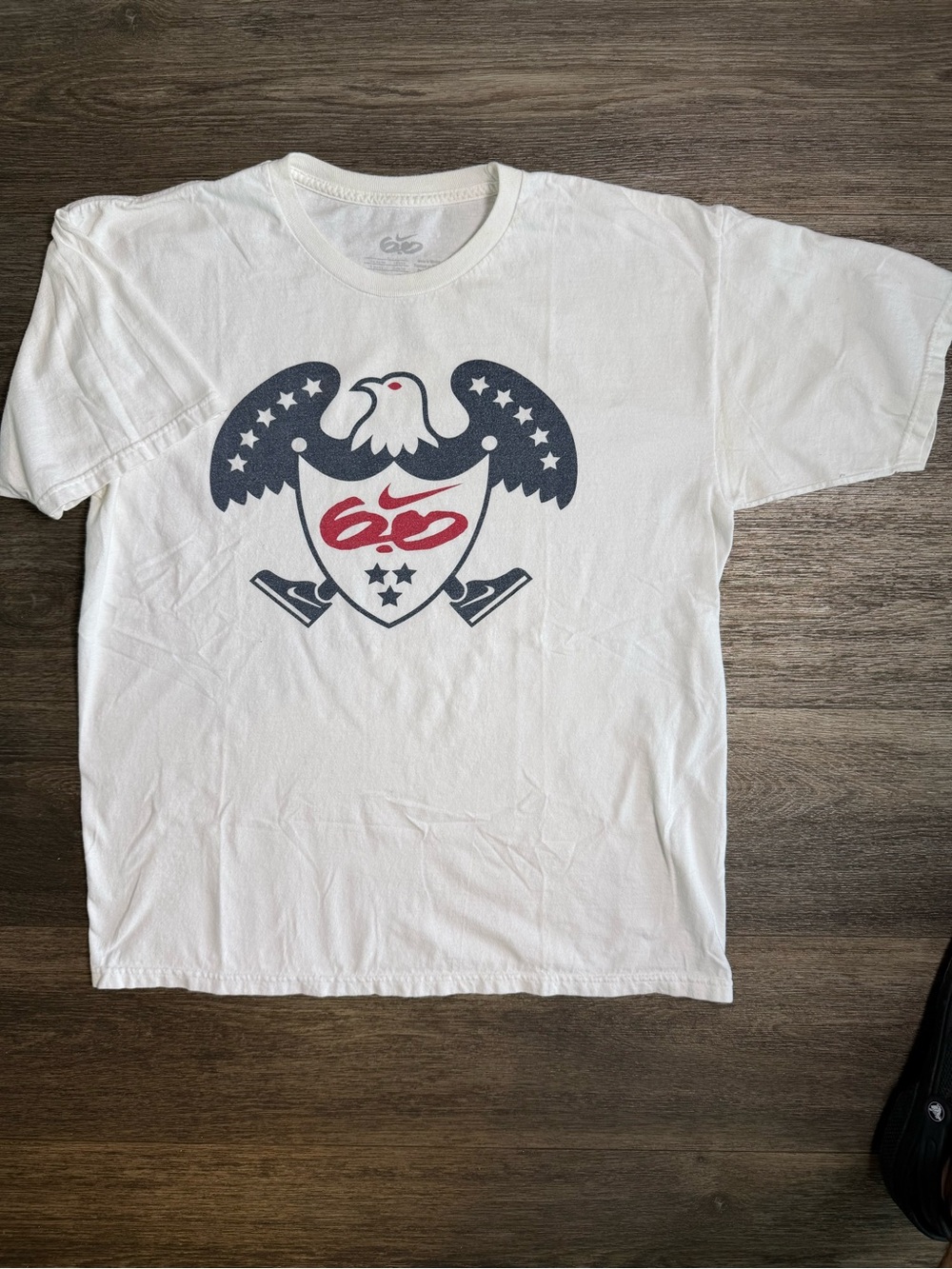 Nike White Short Sleeve Tee with Navy Eagle Shield and Red Swoosh